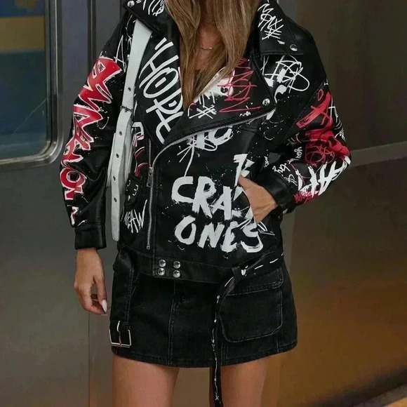 Black Casual Women's Trendy Colorful Graffiti Letter  Punk Style Leather Jacket - Picture 8 of 8